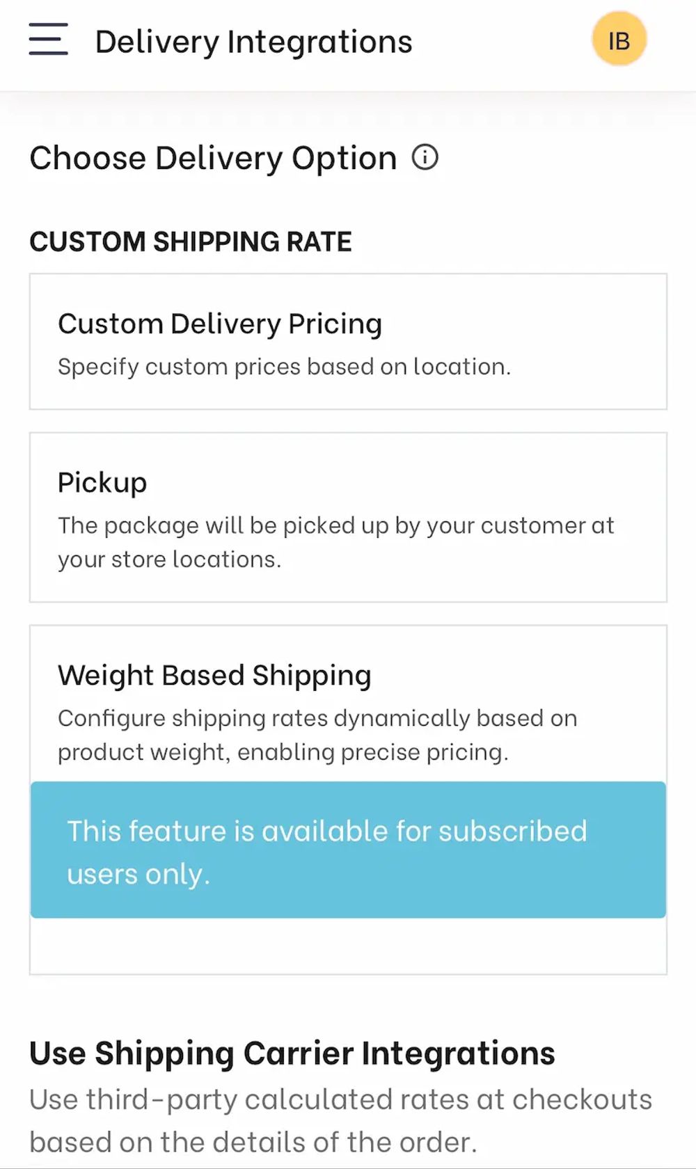 Shipping settings page on BareConnect