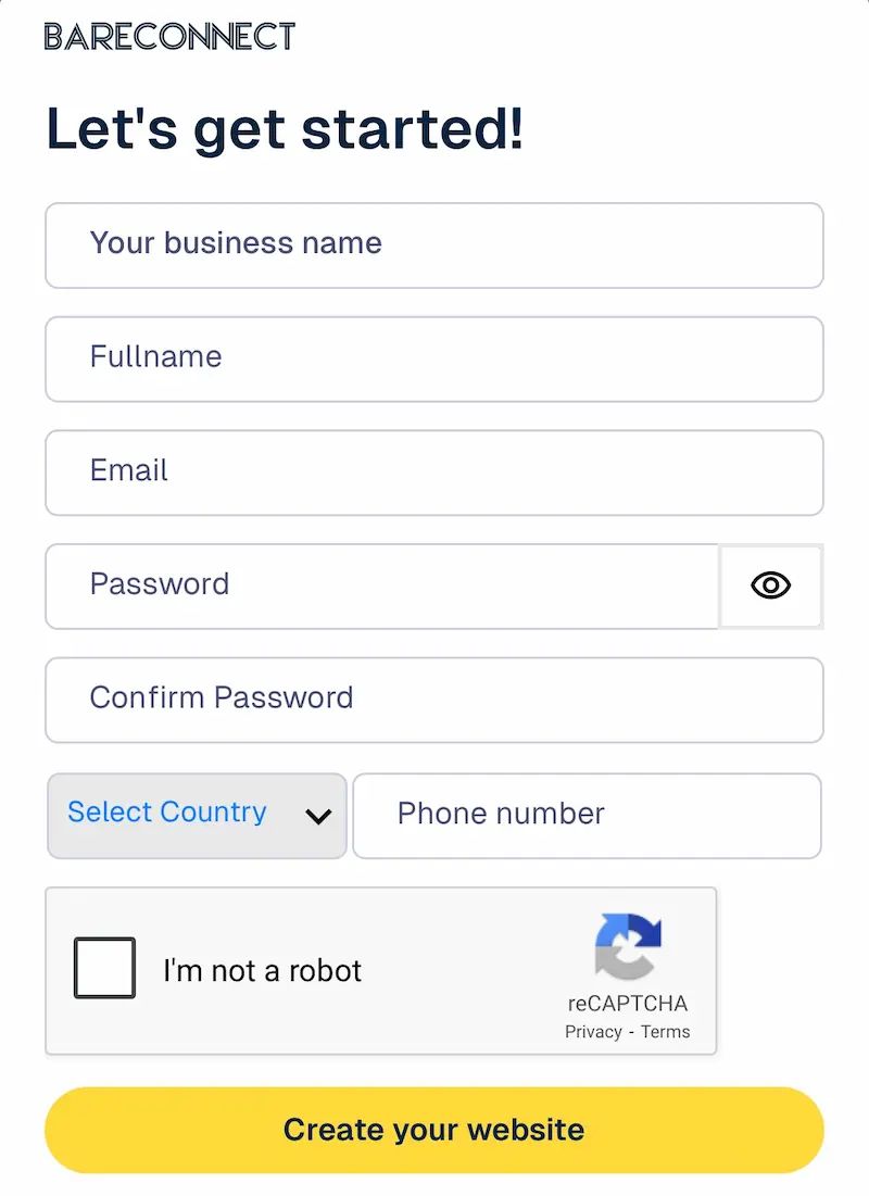 BareConnect sign-up page for creating a new account