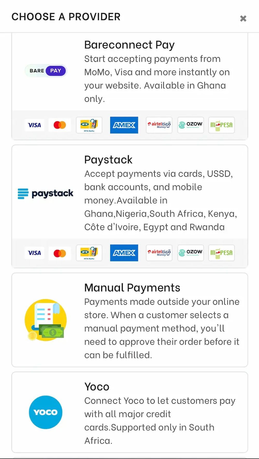 Example of integrating Paystack, Stripe, or Flutterwave